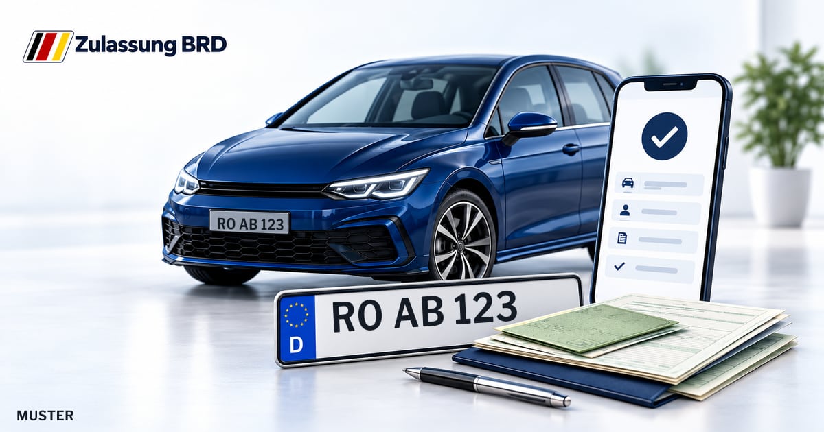 Online Fahrzeugzulassung in Rosenheim: Musterkennzeichen RO AB 123, Auto und Fahrzeugpapiere und Smartphone. Illustration mit Logo von Zulassung BRD.